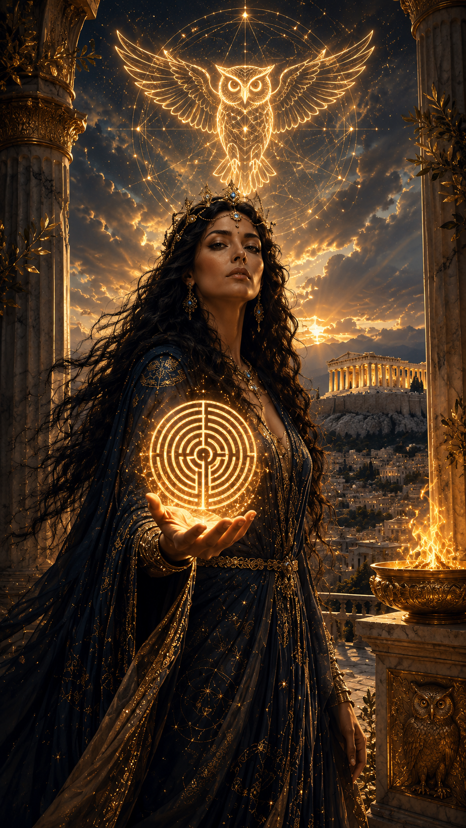 A woman dressed in a dark, ornate gown with gold embroidery, standing on a balcony with ancient Greek columns. She has long, curly hair and wears an elaborate crown and jewelry. She holds a glowing, circular target symbol in her hand. Behind her, the sunset illuminates the sky with clouds, and glowing mystical symbols, including an owl with outstretched wings, are floating above her head, creating a magical and mystical atmosphere.