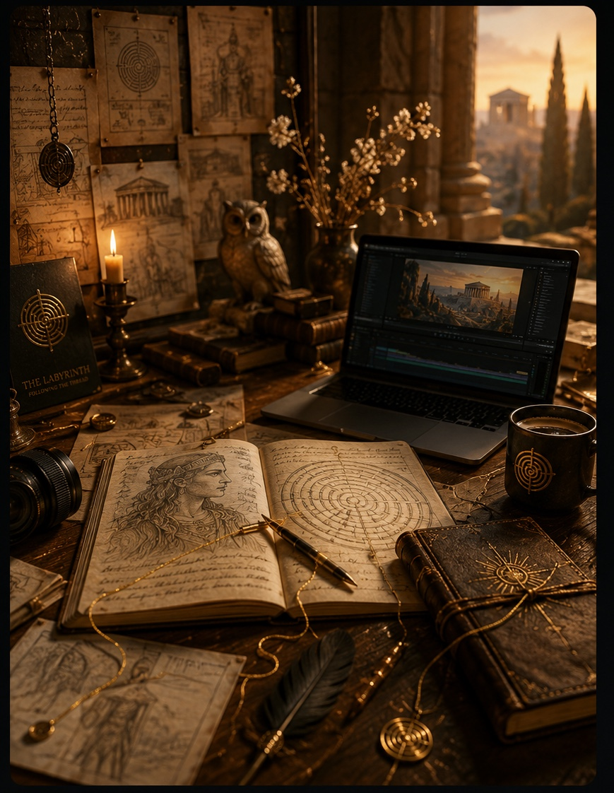 An antique-style workspace with open sketchbooks, a laptop, and vintage items, illuminated by candlelight with a view of ancient ruins outside.