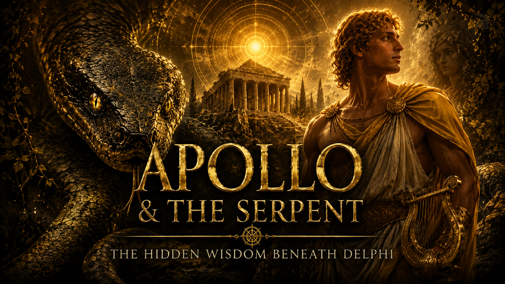 The promotional poster for 'Apollo & The Serpent' features a large black snake with golden eyes on the left, a man dressed in ancient Greek attire holding a lyre on the right, and an ancient Greek temple in the background under a glowing sun surrounded by celestial symbols. The movie title is displayed prominently in gold letters, with the subtitle 'The Hidden Wisdom Beneath Delphi' below.