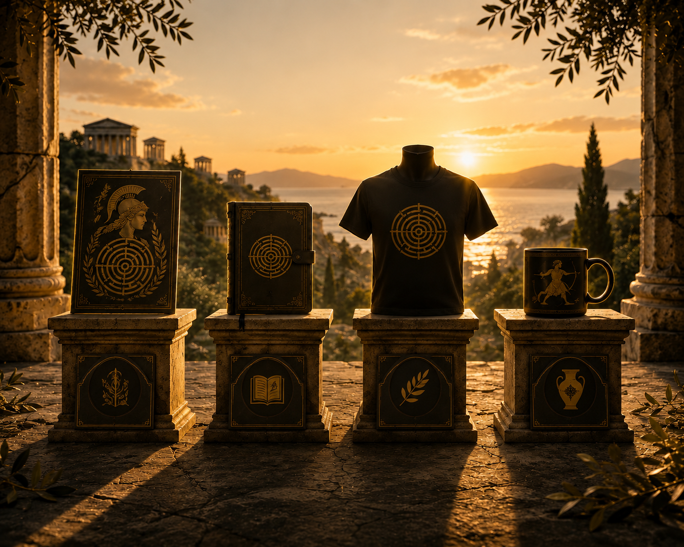 An outdoor display at sunset features four pedestals with objects on top. From left to right: a black book with a Greek shield and leaf design, another black book with a target symbol, a black T-shirt with a target design, and a black mug with a Greek warrior figure. The background shows water, hills, trees, and a sunset with scattered clouds.