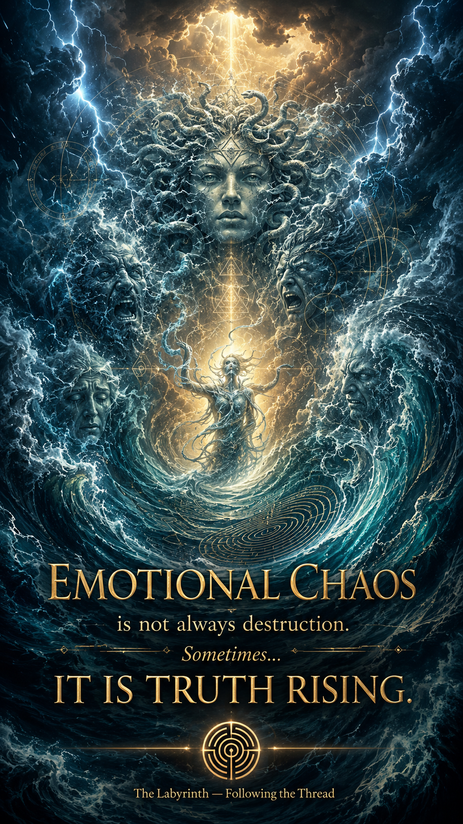 Illustration of a female face with snakes in her hair, resembling Medusa, surrounded by stormy clouds and lightning, with a central figure and multiple faces in emotional distress, all set against a turbulent ocean background with golden accents and mystical symbols. Text overlay reads: "Emotional Chaos is not always destruction. Sometimes... It is Truth Rising."
