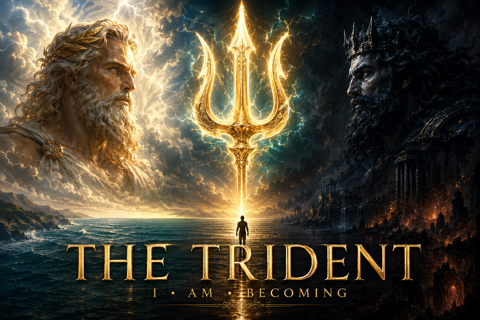 Zeus and Hades flank a luminous trident, symbolising Greek mythology, consciousness, relationship and manifestation.