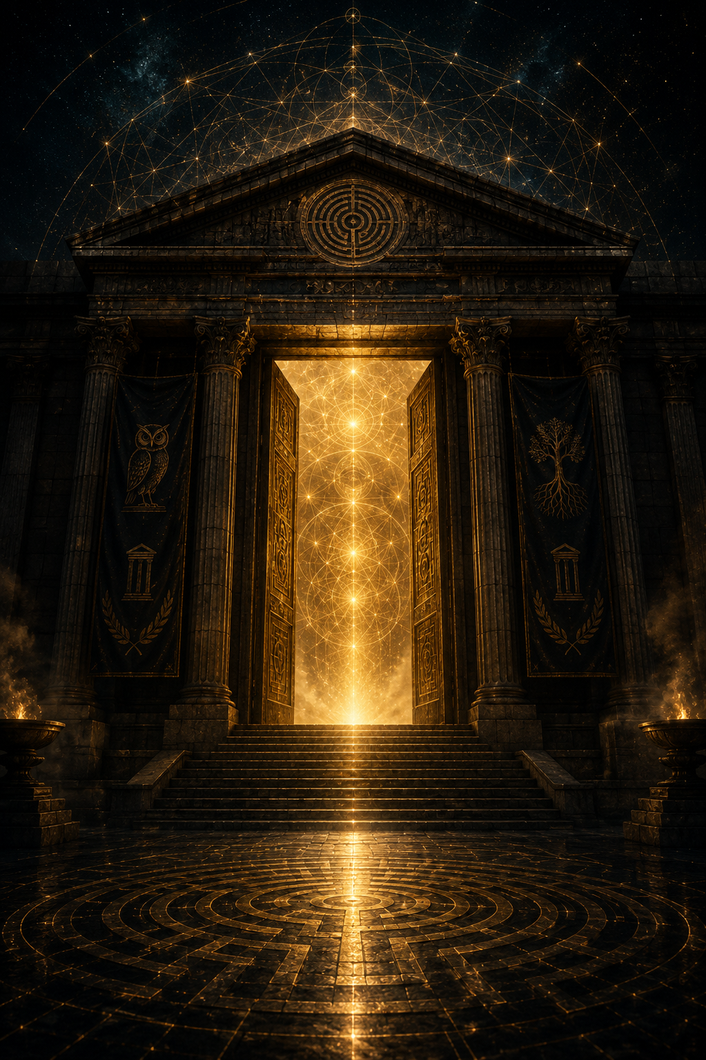 A grand, ancient temple with large open doors glowing with golden light. The temple has intricate patterns, banners with an owl and a tree, and is surrounded by cosmic and geometric designs against a starry sky.