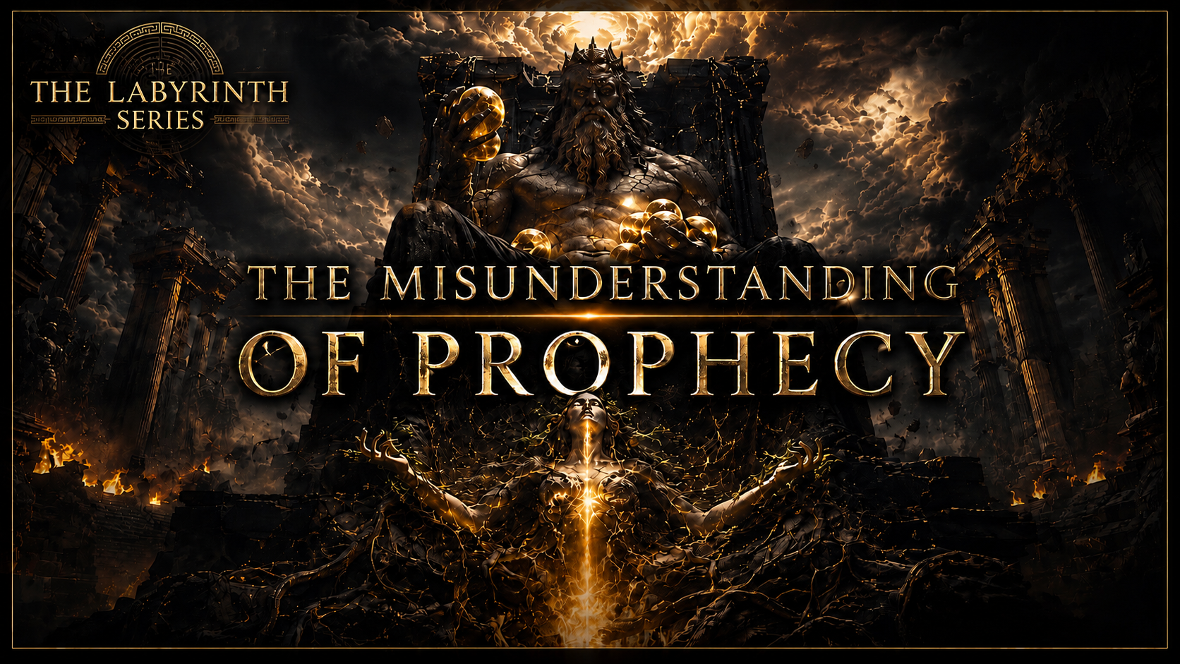 A dark, dramatic fantasy scene featuring a giant seated statue of a bearded man holding spheres, with a glowing female figure below, surrounded by ancient ruins and stormy clouds, promoting 'The Labyrinth Series: The Misunderstanding of Prophecy.'