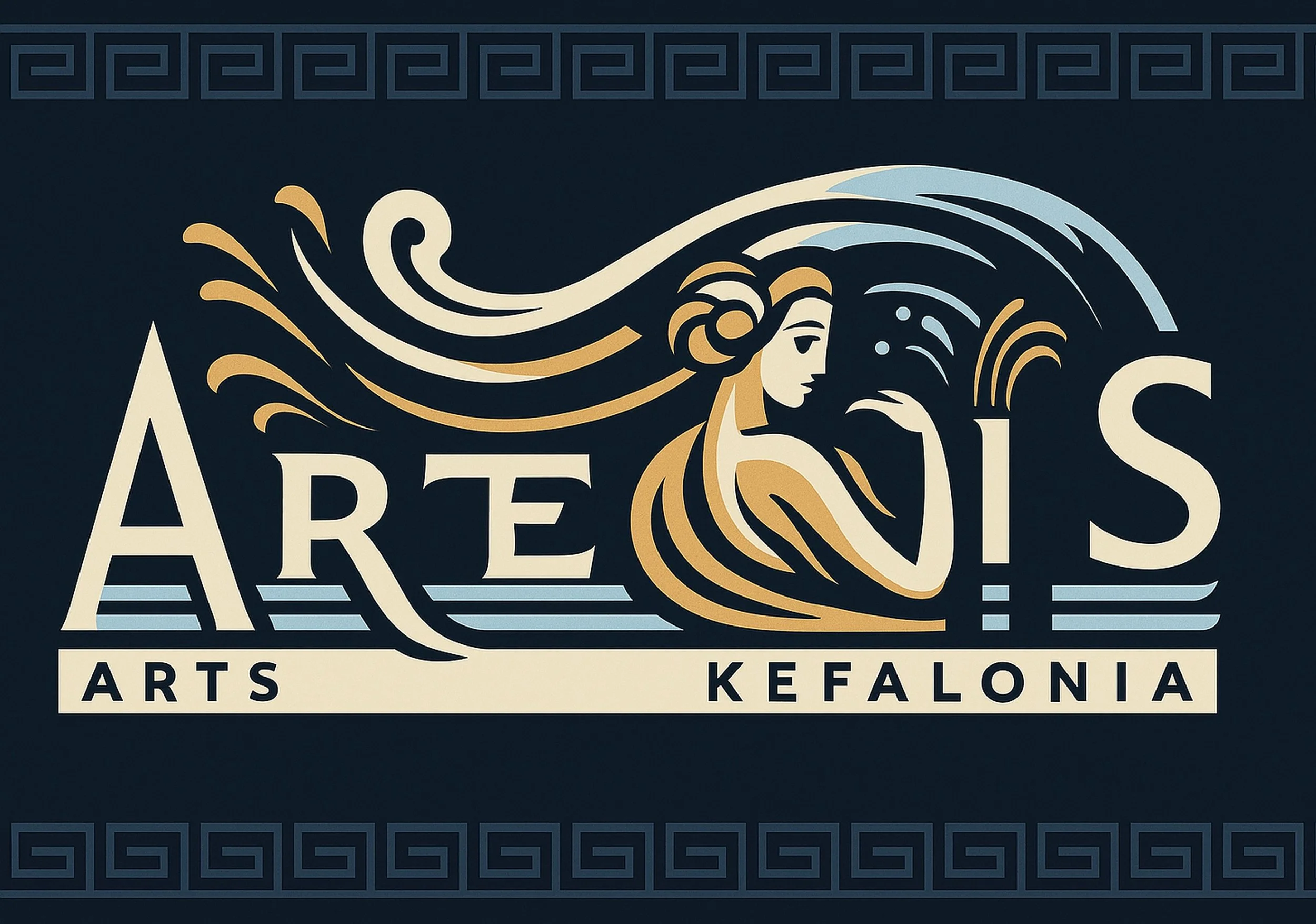 A stylized logo featuring a profile of a woman's face with flowing hair, and the text 'ARTS' and 'KEFALONIA' at the bottom, indicating an arts organization or event in Kefalonia, Greece.