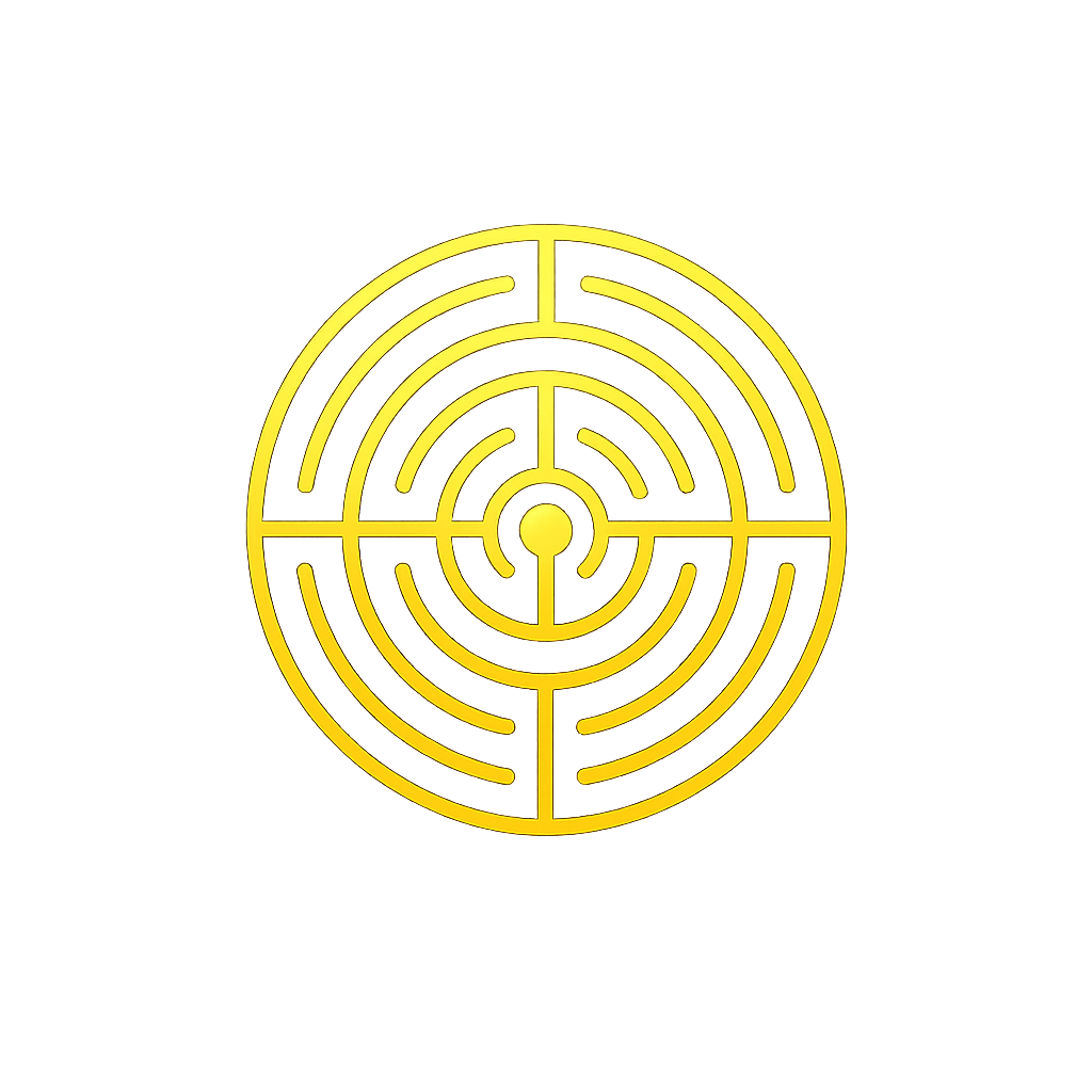 A yellow maze with a circular pattern, placed against a black background with some distortion and digital effects.