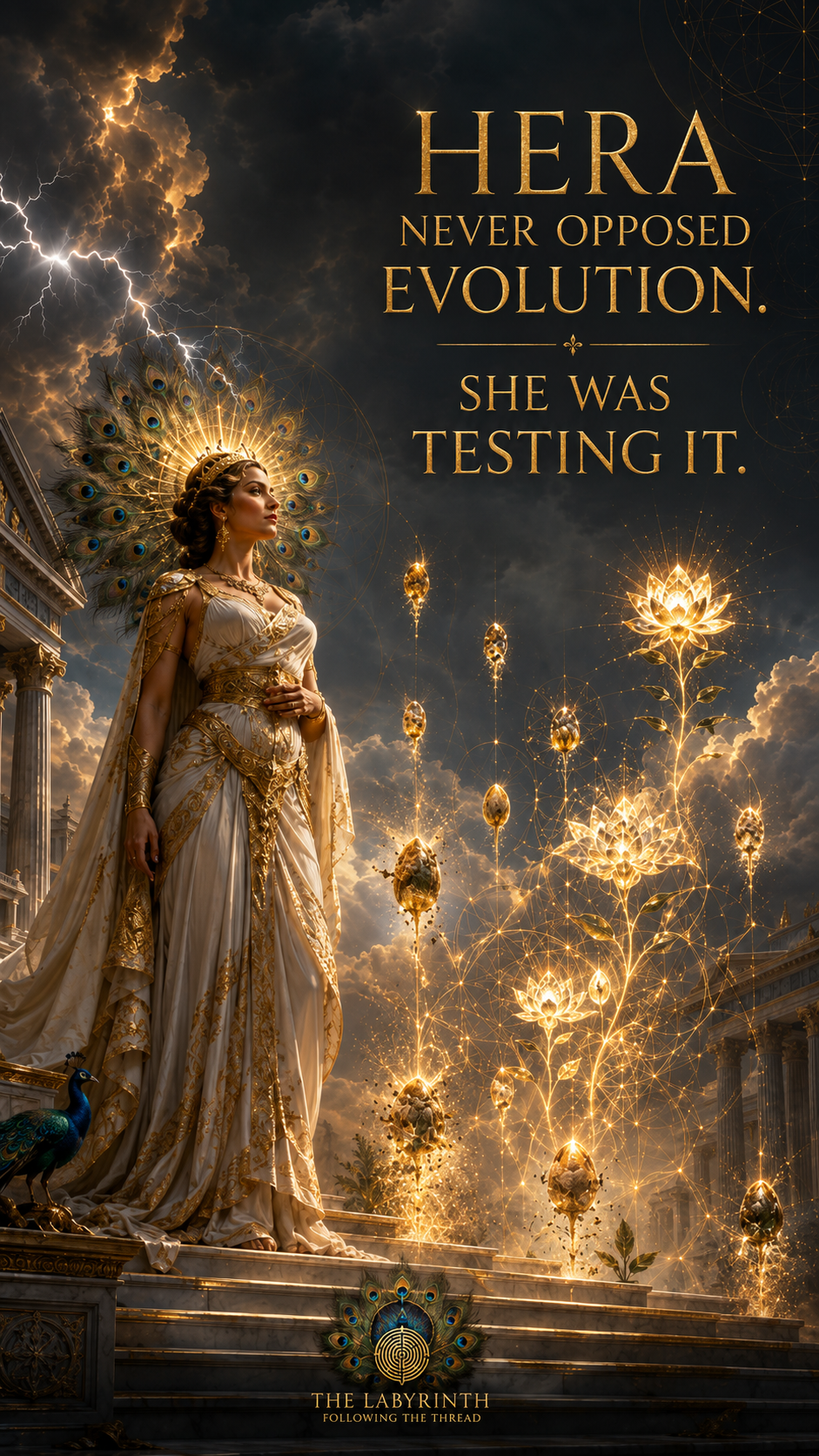 A regal woman in white and gold attire standing on steps amid a fantasy landscape with golden glowing flowers and geometric patterns; dark stormy clouds and lightning in the sky. Text overlay says, "Hera never opposed evolution. She was testing it."