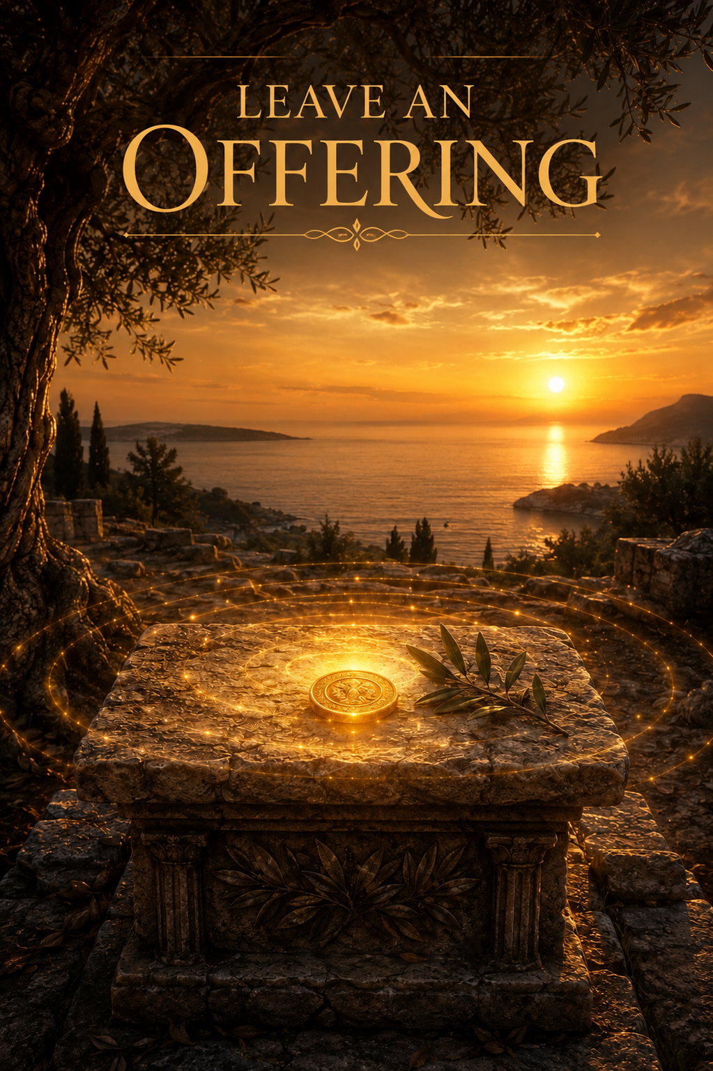 A sunset over a body of water with mountains and trees in the distance, featuring the text 'Leave an Offering' at the top, a stone altar with a gold coin and olive branch in the foreground, surrounded by glowing golden sparkles.