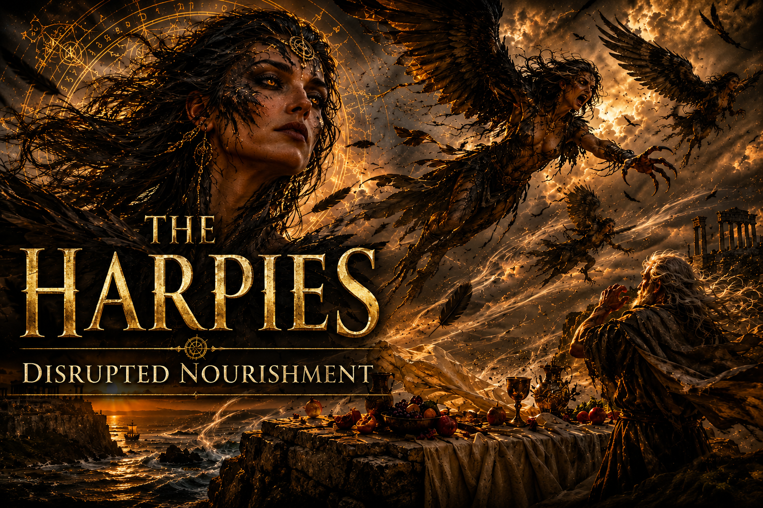 Dramatic fantasy scene with a celestial woman with dark, elaborate attire and jewelry, large black wings, and glowing eyes, facing a seated woman in front of a table filled with fruits and goblets, against a stormy sky with flying creatures and ancient ruins in the background.