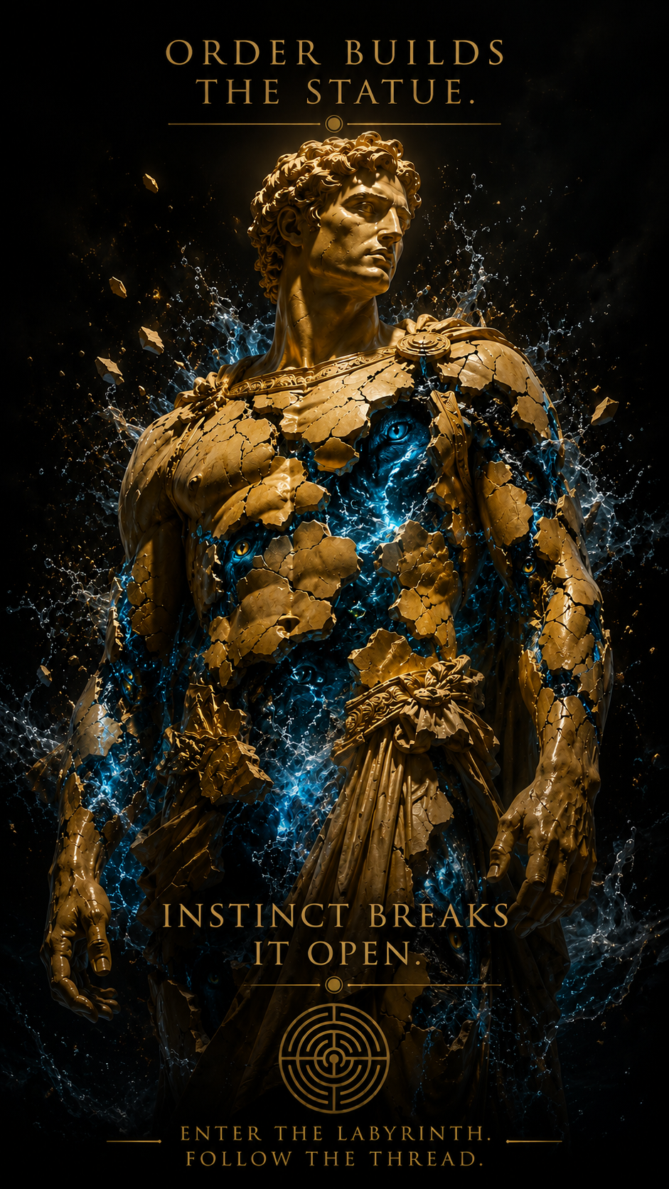 A digital artwork of a golden statue that appears to be breaking apart, revealing glowing blue eyes and internal blue energy. The statue is of a muscular male figure with detailed hair and clothing. The background is dark with splashes of blue and gold energy, with text above and below the statue. The text reads: "Order Builds the Statue. Instinct Breaks It Open. Enter the Labyrinth. Follow the Thread."