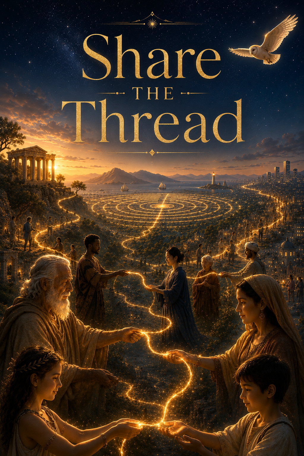 A fantasy illustration with the text 'Share the Thread' at the top, depicting a scene with people of diverse backgrounds holding glowing threads that form a spiral into the distance. The background features a starry night sky, mountains, a city skyline, a lighthouse, and ancient ruins, with a flying owl in the upper right corner.