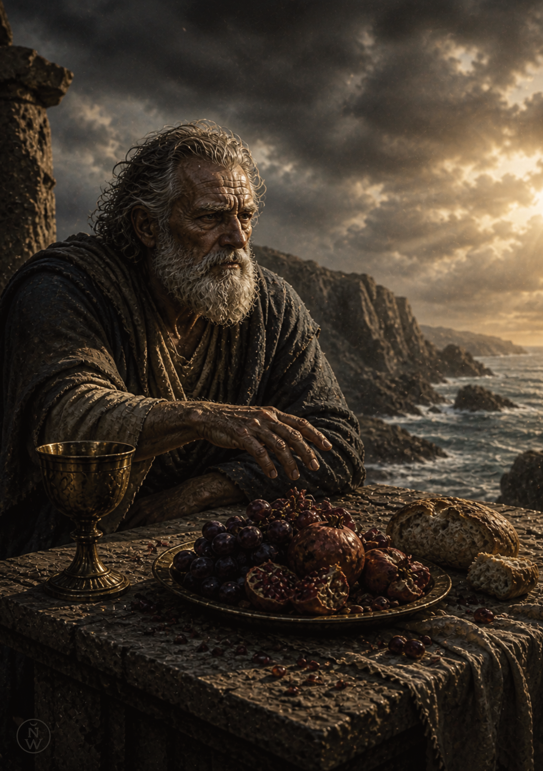 Phineus seated at a stone table with untouched food, unable to eat, representing interrupted nourishment in Greek mythology.