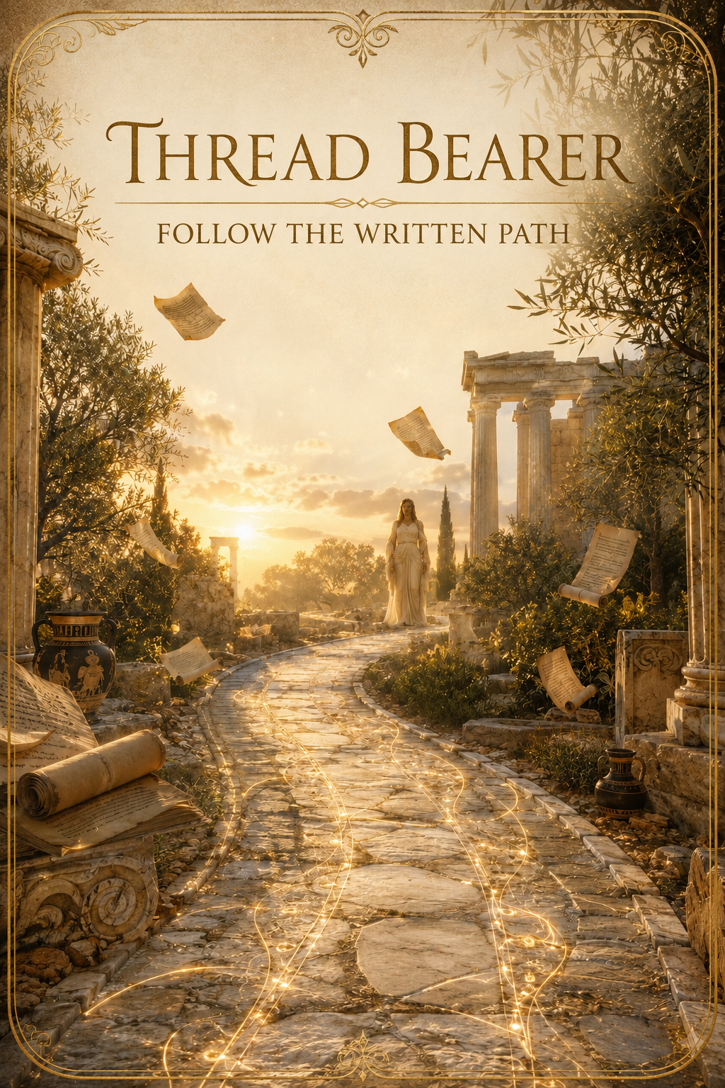 Ancient Greek ruins with a stone pathway leading towards a statue of a woman, glowing golden threads on the path, and flying parchment papers at sunset.