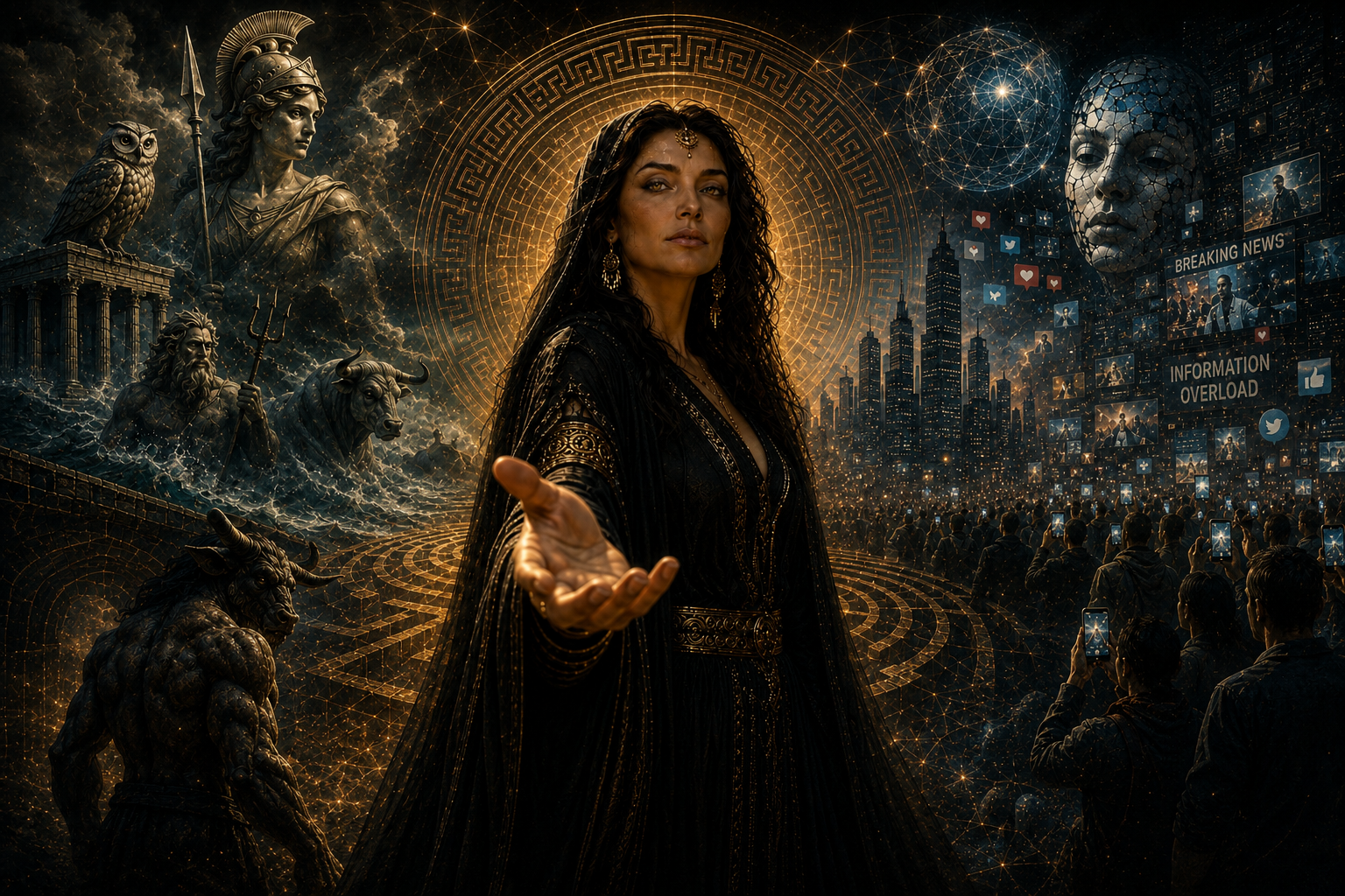 A woman in black, wearing jewelry, extending her hand forward, surrounded by a golden glowing aura. Behind her are mythological gods, cityscape silhouettes, and digital screens with news and social media icons, all in a dark, cosmic-themed setting.