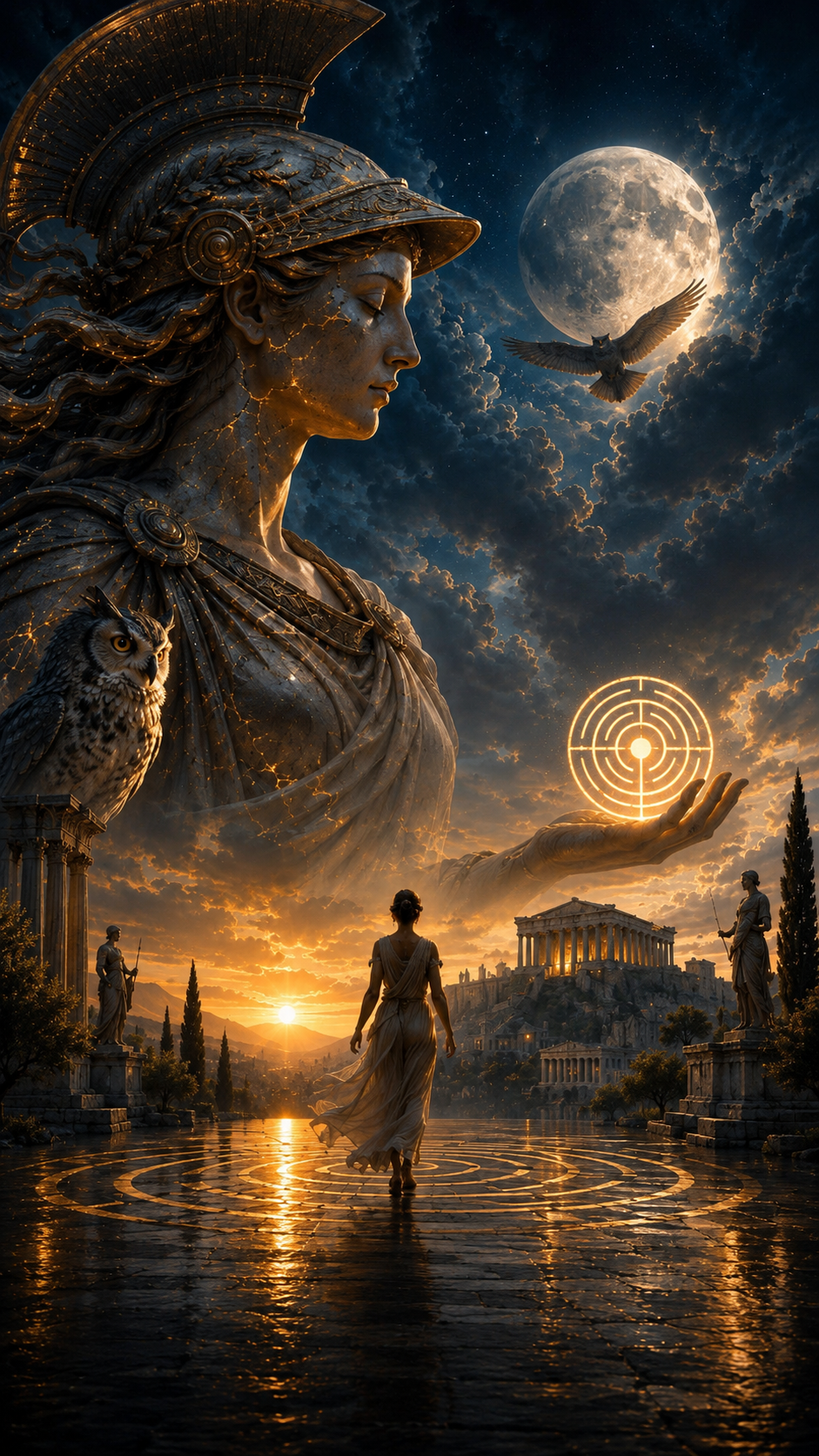 A fantasy scene featuring a large statue of a victorious female warrior with a helmet and armor, an owl perched on her chest, a glowing target on her hand, and planets, stars, and a full moon in the night sky. A woman walks toward ancient Greek architecture at sunset.