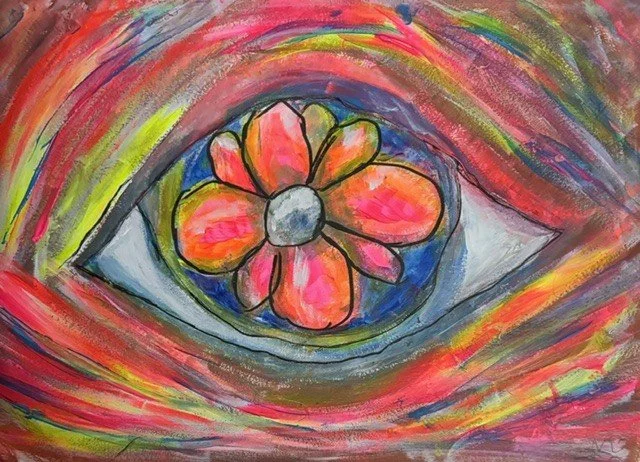 Bejewelled Eye, an original abstract painting by Nathaly Ellen Celia, depicting a large eye formed from vivid pink, orange, blue gemstones, with a shiny white pearl pupil and sweeping multicoloured brushstrokes.