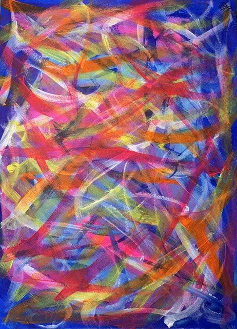 Cosy Blanket, an original abstract painting by Nathaly Ellen Celia, featuring softly layered brushstrokes in pink, orange, yellow, blue, purple and white, interwoven to create a comforting blanket of colour.