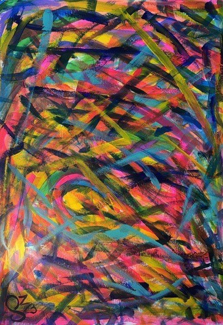 Festival of Fun, an original abstract painting by Nathaly Ellen Celia, featuring energetic confetti-like brushstrokes in vivid pink, yellow, turquoise, green, orange, blue and purple, creating a joyful carnival atmosphere.