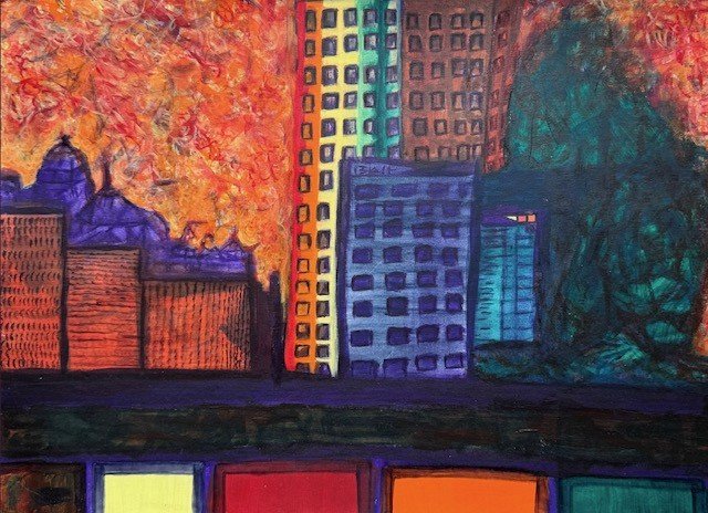 Firestorm, an original abstract cityscape by Nathaly Ellen Celia, showing a skyline of vivid multicoloured buildings beneath a turbulent sky filled with orange, red, yellow fire.