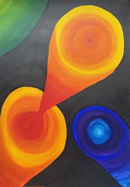 Space Race, an original abstract painting by Nathaly Ellen Celia, depicting an orange-red fire bolt crossing between celestial forms, alongside a blue comet-like exploding star and a partial green planet against a black background.