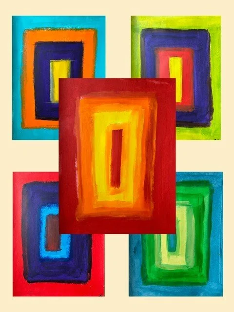 Geometry as Emotion, Colour as Atmosphere, a collage of five original geometric abstract paintings by Nathaly Ellen Celia, featuring layered concentric forms and vivid colour.