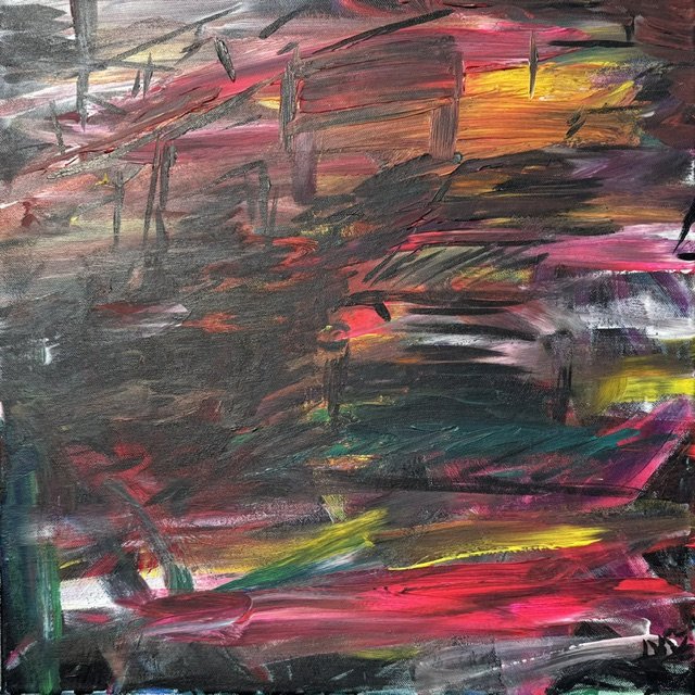 Driving in the Rain, an original abstract painting by Nathaly Ellen Celia, depicting a dark inner-city motorway through a rain-lashed windscreen, with city and vehicle lights blurring into streaks of pink, orange, yellow and green.
