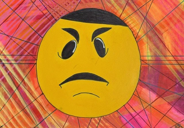 Keith, an original pop art painting by Nathaly Ellen Celia, depicting a grumpy yellow-faced character with thick black eyebrows, a blunt black hairstyle and a moaning expression emerging from a pink, orange and purple lined background.