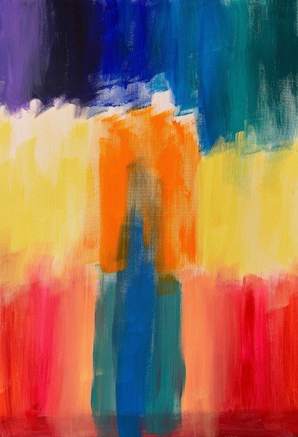 Blurry Vision, an original abstract painting by Nathaly Ellen Celia, featuring a blurred central figure in orange, blue, teal, surrounded by soft vertical bands of yellow, red, pink, purple and green.