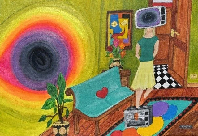 The Microwave Vortex, an original surreal painting by Nathaly Ellen Celia, depicting a woman with a television for a head standing inside a microwave in a colourful living room, causing a glowing rainbow vortex to open across the wall beside her.