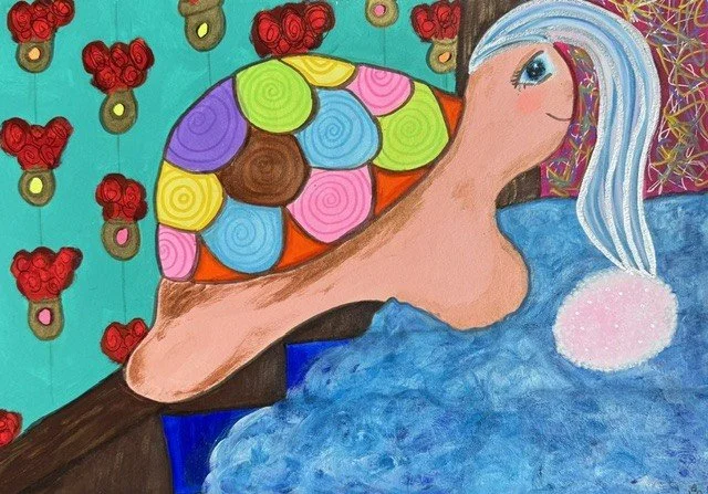 Bedtime Story, an original pop art painting by Nathaly Ellen Celia, depicting an excited turtle-like character in a blue-and-white nightcap, hurrying through flowing blue water, with a colourful shell and rose-patterned wallpaper behind.