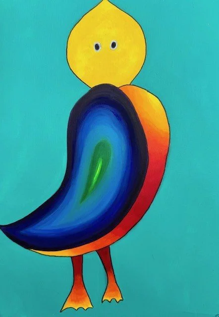 The Universe Within, an original pop art painting by Nathaly Ellen Celia, depicting a silent, expressionless character with webbed feet, carrying a luminous blue-green universe within its body against a turquoise background.