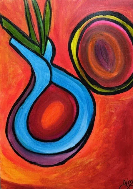 Exotic Fruits, an original abstract painting by Nathaly Ellen Celia, featuring two stylised fruits outlined in black: a manganese- blue fruit with green leaves and a circular pink, orange and yellow fruit against a vivid red-orange background.
