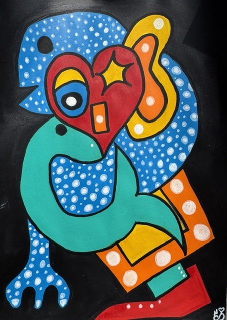 Symbiotic Love, an original painting by Nathaly Ellen Celia, depicting a colourful spotty monster entwined with a turquoise-green snake-like creature and a red love-heart face on a black background.