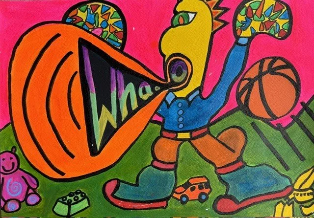 Littel Johnny, an original pop art painting by Nathaly Ellen Celia, depicting a loud one-eyed alien child in a denim shirt, brown trousers and oversized boots, shouting "Whaa!' while running among toys in a bright toy-store scene.