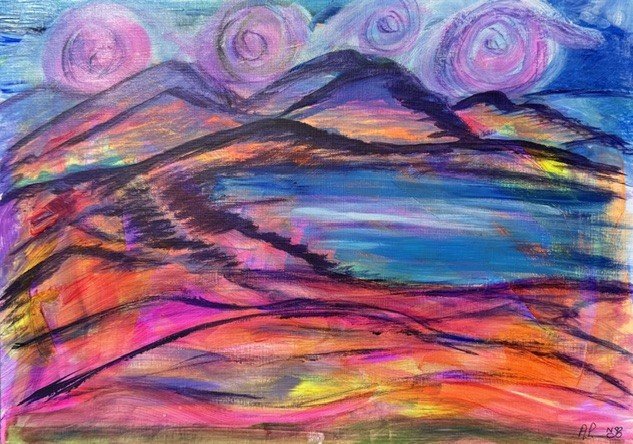 Lake Atitlan, an original abstract landscape by Nathaly Ellen Celia, showing dark purple mountains around a blue lake beneath swirling pink and violet clouds, with a vivid orange, pink and magenta foreground.