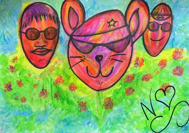 The Cool Gang, an original pop art painting by Nathaly Ellen Celia, depicting Charlie, Arthur and Sid: a pink mouse in oversized sunglasses flanked by two cool sunglass-wearing faces above a vivid green flower field.