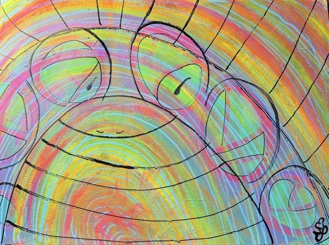 Booby the Bug, an original pop art painting by Nathaly Ellen Celia, depicting an alien bug from a distant galaxy in simple black linework over pastel rainbow brushstrokes of pink, orange, blue, green, and yellow.