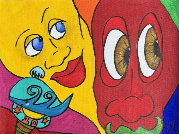 The Balloonheads, an original pop art painting by Nathaly Ellen Celia, depicting a dominant yellow female balloon and a nervous red male balloon beside a whale-shaped cake celebrating their 10th wedding anniversary.