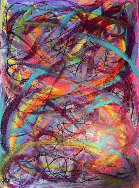 Colour Fantasy, an original abstract painting by Nathaly Elen Celia, featuring vivid rainbow-like brushstrokes in pink, purple, yellow, turquoise and blue, layered with energetic black linework and luminous colour suggesting a radiant burst of light.