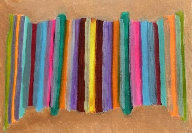 The Garden Fence, an original abstract painting by Nathaly Ellen Celia, featuring closely arranged vertical fence-panel forms in vivid pink, blue, green, yellow, orange and purple against a warm neutral background.
