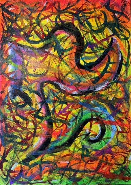 Colourful Dance, an original abstract painting by Nathaly Ellen Celia, featuring energetic interwoven brushstrokes and looping black lines in vivid yellow, orange, red, green, blue and purple.