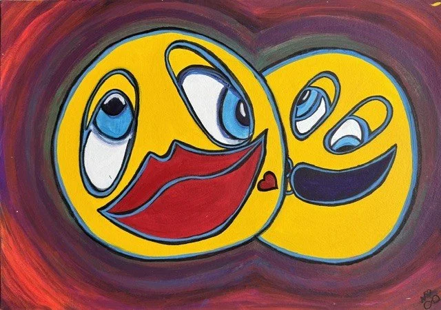 Lovers, an original pop art painting by Nathaly Ellen Celia, depicting two yellow love-struck characters outlined in blue and black, with the male's moustached face kissing the female's cheek against a deep burgundy, purple and red background.