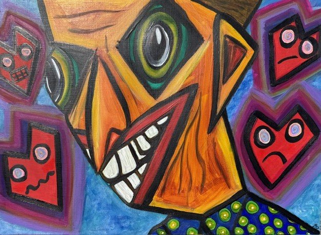 An Evil Grin, an original pop art painting by Nathaly Ellen Celia, depicting a sharp-toothed male character surrounded by frightened and panicked red love hearts.