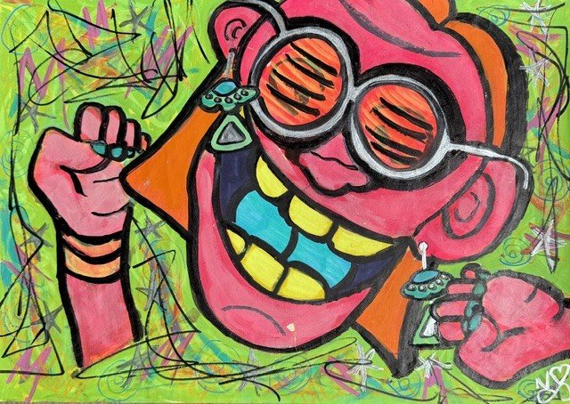 Lisa, an original pop art painting by Nathaly Ellen Celia, depicting an excitable ginger-haired dancer with spaceships earrings, orange-lensed sunglasses, yellow teeth and a blue tongue, dancing wildly in a neon nightclub.