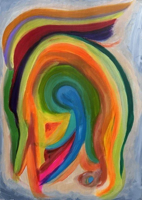 Entitled, an original abstract painting by Nathaly Ellen Celia, featuring flowing bands of orange, green, blue, turquoise, red and purple curling around a central blue form against a pale grey background.