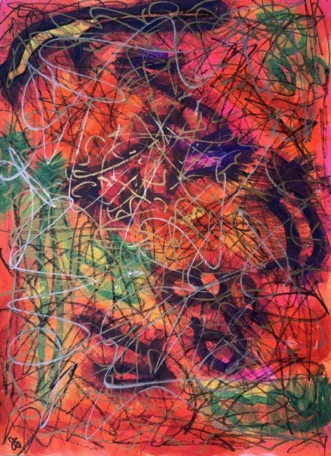Catastrophe, an original abstract painting by Nathaly Ellen Celia, featuring a dark purple burst of energy amid vivid red, orange and green, overlaid with tangled lines and expressive marks suggesting chaos.