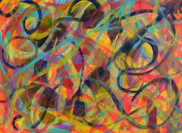 Emergence, an original abstract painting by Nathaly Ellen Celia, featuring vivid layered brushstrokes and energetic markings, suggesting emergence into colourful chaos.