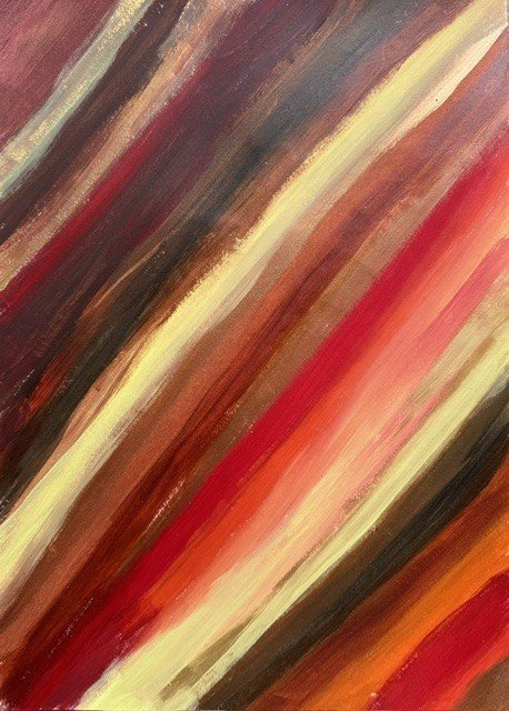Tribal Dance, an original abstract painting by Nathaly Ellen Celia, featuring sweeping diagonal bands of deep burgundy, bronze, gold, brown, red and orange, broken by vivid nickel-yellow streaks and evoking animal-skin tones.