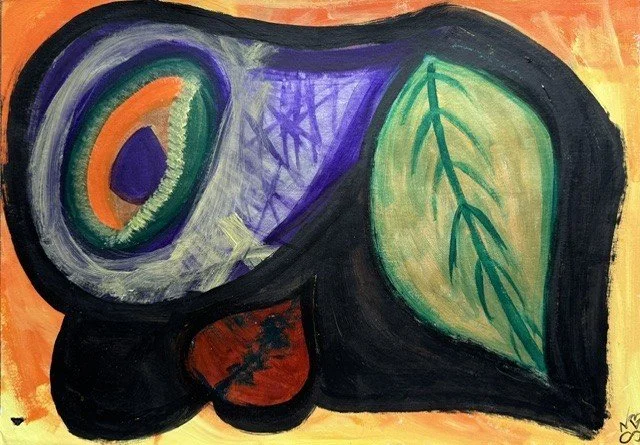One Eye Open, an original abstract painting by Nathaly Ellen Celia, featuring a large stylised eye with concentric green, orange and purple rings beside a green leaf and red-orange forms against a warm golden-yellow background.