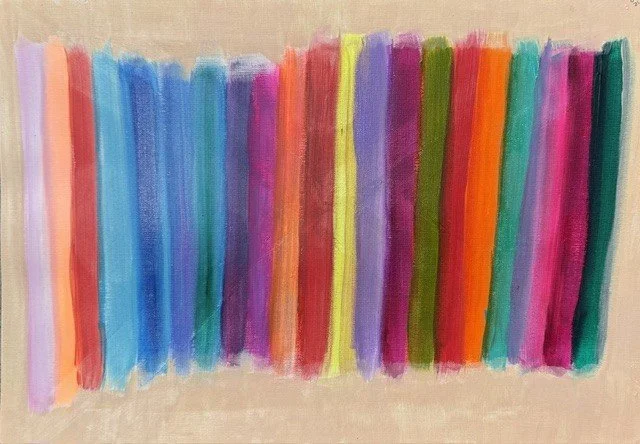 Colour At Ease, an original abstract painting by Nathaly Ellen Celia, composed of irregular vertical bands of pink, blue, green, yellow, orange and purple on a pale background.